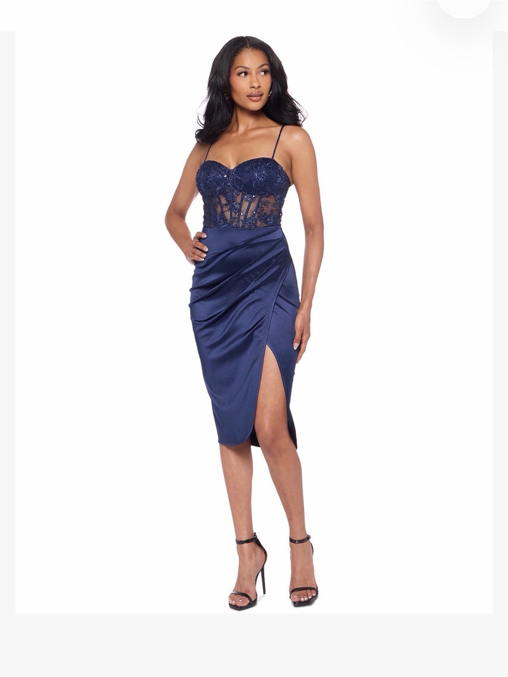 B Darlin Navy Lace Bustier Satin Midi with Side Slit